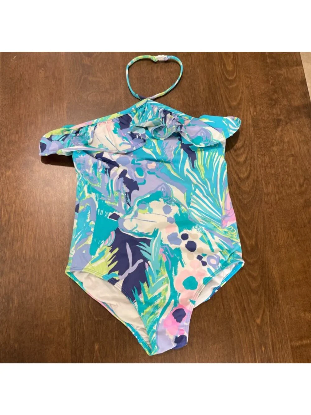 Lilly Pulitzer One Piece Swimsuit Girls Size 8 Colorful Leaf Print Halter Clasp